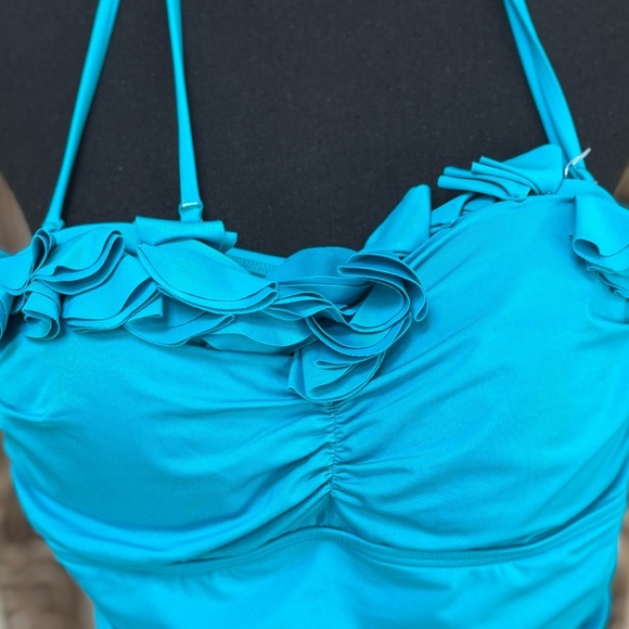 KENNETH COLE BLUE RUFFLE RUCHED WAIST HALTER ONE PIECE SWIM/BATHING SUIT SZ M - Picture 7 of 10